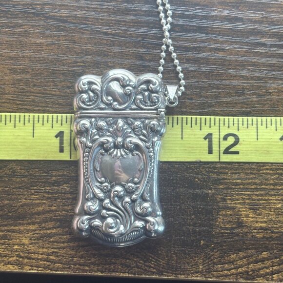 Antique Sterling Silver Repoussé Scroll Design Match Box Pendant 30" Ball & Pin - Picture 15 of 16